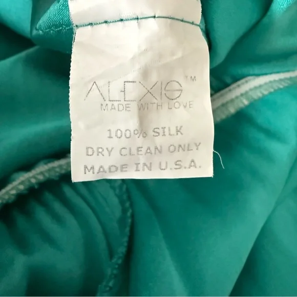 Alexis Teal Blue 100% Silk Long Sleeve Midi Dress with Beaded Sash Belt Size L - Picture 11 of 12